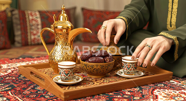 A plate full of fresh dates, a local national product, enjoying hot drinks, following Saudi customs and traditions, good hospitality and reception on holidays and religious occasions, a close-up of the hands of a Saudi Arabian Gulf woman serving Arabic coffee with a copper pot and cups
