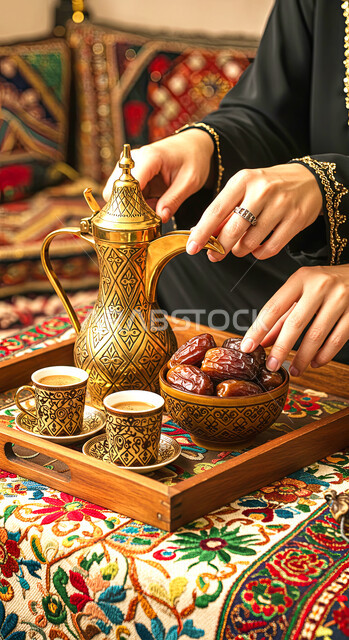 الاستمتاع بالمشروبات الساخنة، اتباع العادات والتقاليد السعودية، حسن الضيافه والإستقبال في الأعياد والمناسبات الدينية، صورة مقربة لايدي امرأة عربية خليجية سعودية تقوم بتقديم القهوة العربية بالدله النحاسية والفناجين، منتج وطني محلي، طبق مليء بحبات التمر الطازجة