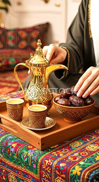 اتباع العادات والتقاليد السعودية، حسن الضيافه والإستقبال في الأعياد والمناسبات الدينية، صورة مقربة لايدي امرأة عربية خليجية سعودية تقوم بتقديم القهوة العربية بالدله النحاسية والفناجين، الاستمتاع بالمشروبات الساخنة، منتج وطني محلي، طبق مليء بحبات التمر الطازجة