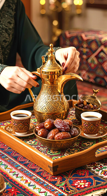 Hospitality and reception on religious holidays and occasions, following Saudi customs and traditions, a close-up of the hands of a Saudi Arabian Gulf woman serving Arabic coffee in a copper dallah and cups, enjoying hot drinks, a local national product, a plate full of fresh dates