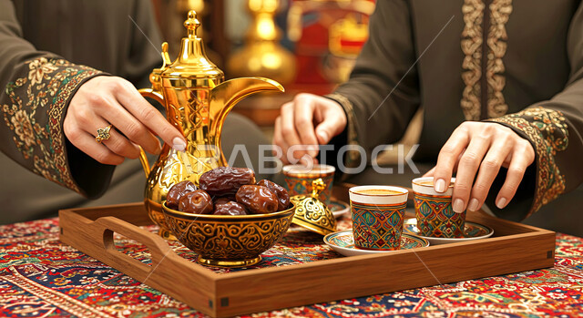 حسن الضيافه والإستقبال في الأعياد والمناسبات الدينية، طبق مليء بحبات التمر الطازجة، منتج وطني محلي، الاستمتاع بالمشروبات الساخنة، اتباع العادات والتقاليد السعودية، صورة مقربة لايدي امرأتين عربيتين خليجيتين سعوديتين تقومان بتقديم القهوة العربية بالدله النحاسية والفناجين