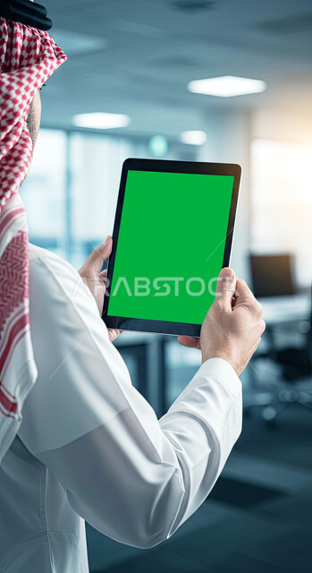 استخدام الأجهزة الحديثة في انجاز الأعمال، استعمال التكنولوجيا في العمل عن بعد، تصفح مواقع التواصل الاجتماعي عن طريق الانترنت، عرض تابلت بشاشة خضراء فارغة، صورة مقربة من الخلف لرجل عربي خليجي سعودي يرتدي الثوب التقليدي والشماغ يحمل بيده جهاز لوحي في المكتب، كروما
