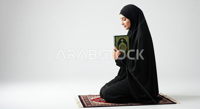 التقرب الى رب العالمين في شهر رمضان المبارك، الإجتهاد و الخشوع في العباده, بورتريه لامرأة عربية سعودية خليجية ترتدي الحجاب و العباءة السوداء تمسك بيدها القرآن الكريم تجلس على سجادة الصلاه, قراءة كتاب الله تعالى, خلفية بيضاء