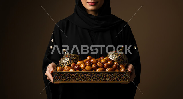 Iftar in Ramadan, Saudi national local crop and product, dates from the palm trees of Saudi Arabia, delicious Ramadan hospitality, close-up portrait of a Saudi Arabian Gulf Arab woman wearing a black abaya holding a large plate full of fresh healthy sugary dates, a meal with high nutritional value, brown background