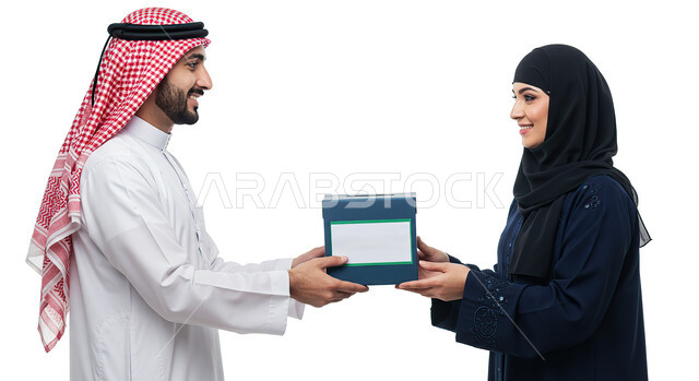 Delivering orders to customers easily and quickly, relying on online purchases, express delivery services, the concept of e-shopping, ordering products online, portrait of a veiled Saudi Arabian Gulf woman wearing an abaya taking a box from the delivery man, white background