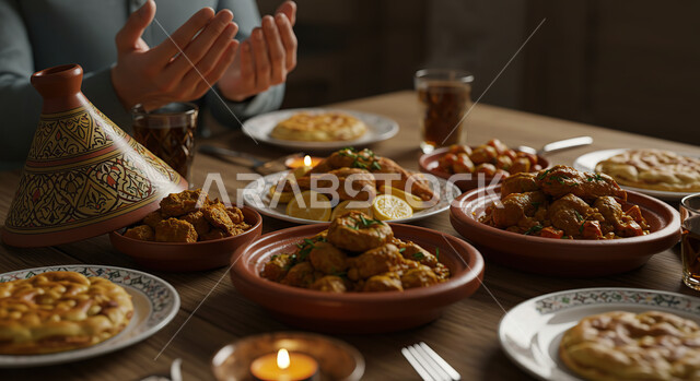 دعاء كسر الصيام عند أذان المغرب، مائدة إفطار مليئة بأصناف المأكولات الشهية, وجبات وأطعمة فاخرة, تجهيز وتحضير الطعام عند موعد الإفطار في شهر رمضان المبارك، أجواء روحانية إسلامية رمضانية, طبخات ووصفات عربية تقليدية