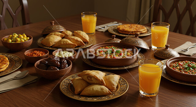 مائدة إفطار مليئة بأصناف المأكولات الشهية, وجبات وأطعمة فاخرة, تجهيز وتحضير الطعام عند موعد الإفطار في شهر رمضان المبارك، أجواء روحانية إسلامية رمضانية, طبخات ووصفات عربية تقليدية