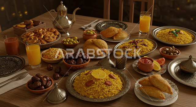 وجبات وأطعمة فاخرة, مائدة إفطار مليئة بأصناف المأكولات الشهية, تجهيز وتحضير الطعام عند موعد الإفطار في شهر رمضان المبارك، أجواء روحانية إسلامية رمضانية, طبخات ووصفات عربية تقليدية