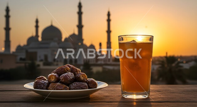 الفن الهندسي المعماري للمساجد الاسلامية وقت الغروب، الانواع المختلفة من التمور الصحية اللذيذة، ضيافة رمضانية شهية، حصاد النخيل في مزارع المملكة، طبق من حبات من التمر، منتجات محلية سعودية وطنية، وجبة غذائية صحية ذات أهمية عاليه، كأس ايس تي المثلج المنعش
