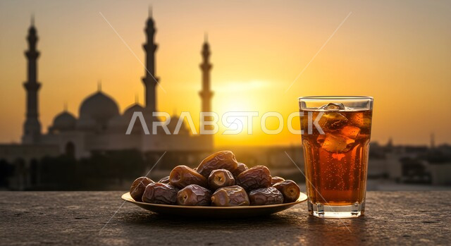 الفن الهندسي المعماري للمساجد الاسلامية وقت الغروب، الانواع المختلفة من التمور الصحية اللذيذة، ضيافة رمضانية شهية، حصاد النخيل في مزارع المملكة، طبق من حبات من التمر، منتجات محلية سعودية وطنية، وجبة غذائية صحية ذات أهمية عاليه، كأس ايس تي المثلج المنعش