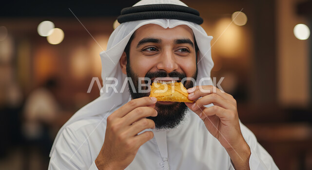 فطائر والمقبلات رمضانية شهية، ايماءات السعادة والسرور بقدوم شهر الخير، صورة مقربة لرجل عربي خليجي اماراتي يرتدي الكندورة والغترة يقوم بأكل قطعة من السمبوسك اللذيذة في رمضان المبارك