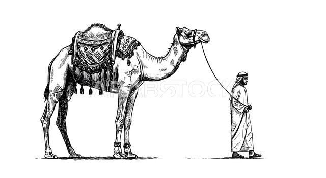 أنشطة ترفيهية فنية ممتعة، الشغف في ممارسة الهوايات المفضلة و الفنون اليدوية ,معرض الرسومات و اللوحات في المملكة العربية السعودية، رسم توضيحي لرجل عربي خليجي سعودي يقود حيوان الجمل في الصحراء