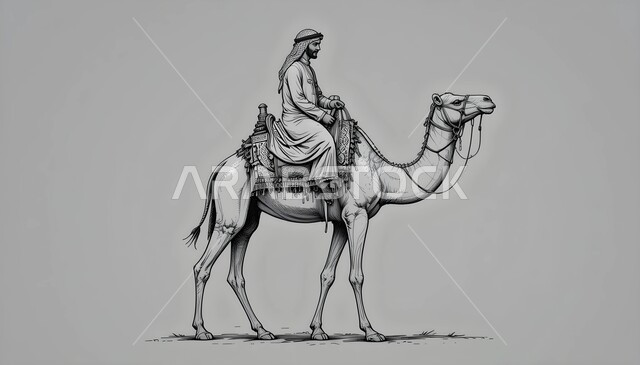 أنشطة ترفيهية فنية ممتعة، الشغف في ممارسة الهوايات المفضلة و الفنون اليدوية ,معرض الرسومات و اللوحات في المملكة العربية السعودية، رسم توضيحي لرجل عربي خليجي سعودي يقود حيوان الجمل في الصحراء