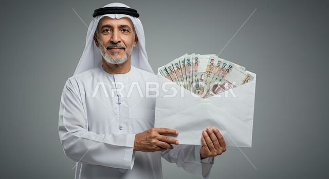 التبرع والمساعدة في رمضان المبارك، بورتريه مقرب لرجل عربي خليجي اماراتي يرتدي الكندورة والغترة يقوم بحمل ظرف مليء بالنقود الورقية، العبادة والتقرب الى الله تعالى، جمعيات خيرية اسلامية في شهر الخير، خلفية رمادية