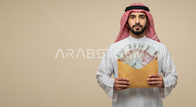 جمعيات خيرية اسلامية في شهر الخير، التبرع والمساعدة في رمضان المبارك، بورتريه مقرب لرجل عربي خليجي سعودي يرتدي الثوب التقليدي والشماغ يقوم بحمل ظرف مليء بالنقود الورقية، العبادة والتقرب الى الله تعالى، خلفية بيج