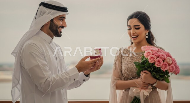 مفهوم الاستقرار وتكوين عائلة، مراسم الأعراس والمناسبات في المملكة، صورة مقربة لرجل عربي خليجي سعودي يرتدي الثوب التقليدي والغترة يقوم بتقديم خاتم الزواج لزوجته، الاهتمام بالأناقة والمظهر الخارجي