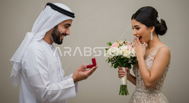 مراسم الأعراس والمناسبات في الامارات، مفهوم الاستقرار وتكوين عائلة، بورتريه مقرب من الجانب لرجل عربي خليجي اماراتي يرتدي الكندورة والغترة يقوم بتقديم خاتم الزواج لزوجته، الاهتمام بالأناقة والمظهر الخارجي، خلفية رمادية