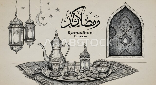 رسومات توضيحية باللون الابيض والاسود لفوانيس و تحف اسلامية تقليدية، ضيافة شهر رمضان المبارك، الفن الاسلامي للتحف والاكسسوارات، فانوس عربي معدني مزخرف بجانب وعاء مليء بالتمر ودلة عربية، الشغف بهواية الرسم
