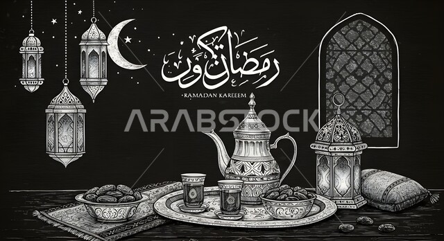 رسومات توضيحية باللون الابيض والاسود لفوانيس و تحف اسلامية تقليدية، ضيافة شهر رمضان المبارك، الفن الاسلامي للتحف والاكسسوارات، فانوس عربي معدني مزخرف بجانب وعاء مليء بالتمر ودلة عربية، الشغف بهواية الرسم