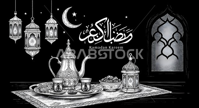 رسومات توضيحية باللون الابيض والاسود لفوانيس و تحف اسلامية تقليدية، ضيافة شهر رمضان المبارك، الفن الاسلامي للتحف والاكسسوارات، فانوس عربي معدني مزخرف بجانب وعاء مليء بالتمر ودلة عربية، الشغف بهواية الرسم