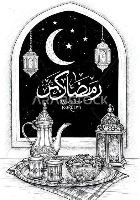 ضيافة شهر رمضان المبارك، رسومات توضيحية باللون الابيض والاسود لفوانيس و تحف اسلامية تقليدية، الفن الاسلامي للتحف والاكسسوارات، فانوس عربي معدني مزخرف بجانب وعاء مليء بالتمر ودلة عربية، الشغف بهواية الرسم
