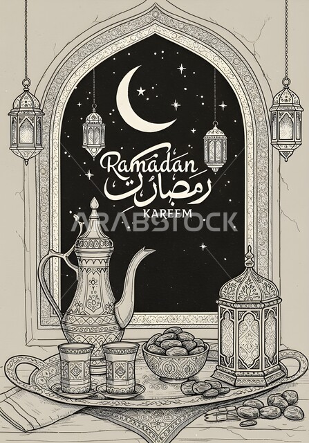 Ramadan hospitality, black and white illustrations of traditional Islamic lanterns and artifacts, Islamic art of artifacts and accessories, decorative metal Arabic lantern next to a bowl full of dates and an Arabic coffee pot, passion for drawing hobby