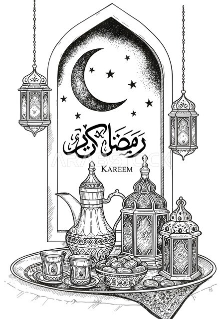 Ramadan hospitality, black and white illustrations of traditional Islamic lanterns and artifacts, Islamic art of artifacts and accessories, decorative metal Arabic lantern next to a bowl full of dates and an Arabic coffee pot, passion for drawing hobby