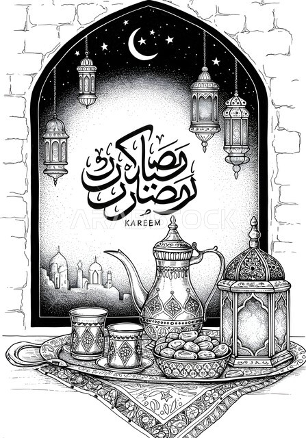 الفن الاسلامي للتحف والاكسسوارات، ضيافة شهر رمضان المبارك، رسومات توضيحية باللون الابيض والاسود لفوانيس و تحف اسلامية تقليدية، فانوس عربي معدني مزخرف بجانب وعاء مليء بالتمر ودلة عربية، الشغف بهواية الرسم