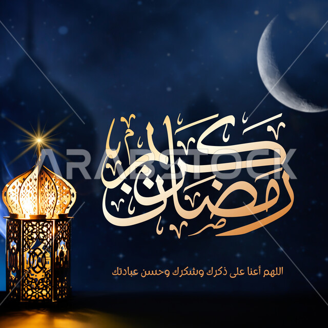 بطاقة تهنئة رمضانية مزخرفه مع فانوس معدني باللون الذهبي مضيء وهلال الشهر, مخطوطة رمضان كريم بالخط العربي المزخرف, عبارات ونصوص باللغه العربيه, مناسبات وأعياد دينية اسلامية, خلفية زرقاء