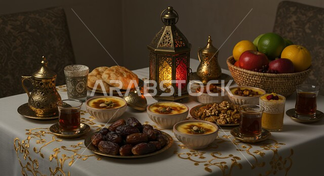 أجواء دينية رمضانية، سفرة فطور مليئة بأطباق من المأكولات الشهية، مائدة افطار صائم في شهر رمضان المبارك، زينة وفانوس شهر الخير، أطعمة وحلويات شرقية لذيذة