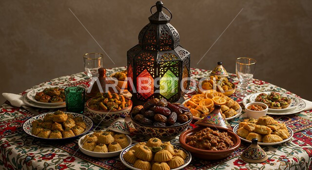  مائدة افطار صائم في شهر رمضان المبارك، زينة وفانوس شهر الخير، أطعمة وحلويات شرقية لذيذة، أجواء دينية رمضانية، سفرة فطور مليئة بأطباق من المأكولات الشهية