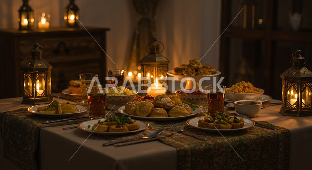 أطعمة وحلويات شرقية لذيذة، أجواء دينية رمضانية، سفرة فطور مليئة بأطباق من المأكولات الشهية، مائدة افطار صائم في شهر رمضان المبارك، زينة وفانوس شهر الخير