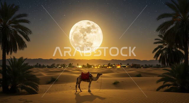 منظر النجوم المتلألئة والقمر المضيء في السماء في الليل، الحياة البدوية الشعبية القديمة، مناطق البادية والبيئة الطبيعية الصحراوية، جمل عربي اصيل يقف فوق الكثبان الرملية في صحراء المملكة العربية السعودية، تربية ورعاية الابل