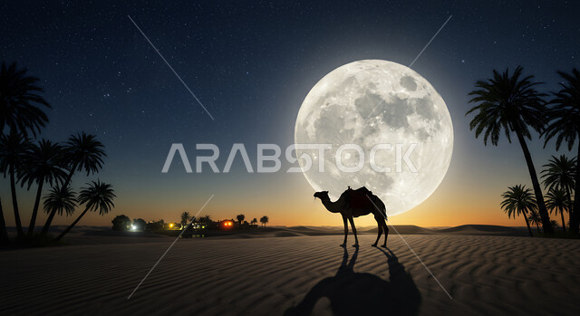منظر النجوم المتلألئة والقمر المضيء في السماء في الليل، الحياة البدوية الشعبية القديمة، مناطق البادية والبيئة الطبيعية الصحراوية، جمل عربي اصيل يقف فوق الكثبان الرملية في صحراء المملكة العربية السعودية، تربية ورعاية الابل