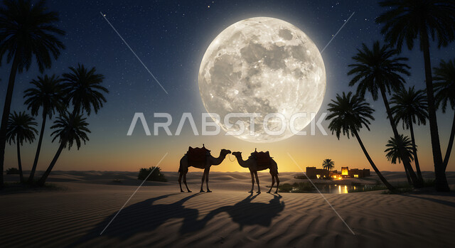  جملان عربيان اصيلان يقفان فوق الكثبان الرملية في صحراء المملكة العربية السعودية، تربية ورعاية الابل، منظر النجوم المتلألئة والقمر المضيء في السماء في الليل، الحياة البدوية الشعبية القديمة، مناطق البادية والبيئة الطبيعية الصحراوية