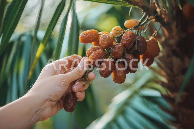 موسم القطاف و الحصاد، صورة مقربة ليد تقوم بقطف الرطب من شجرة خضراء مثمرة في النهار, محصول زراعي محلي وطني سعودي, محمية طبيعية لزراعة أشجار النخيل والتمر في المملكة العربية السعودية