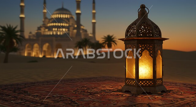 فانوس معدني مزخرف تقليدي للاحتفال بالأعياد والمناسبات الدينية, أجواء وأنوار روحانية رمضانية, استعداد المسلمين لاستقبال رمضان المبارك, ديكور وتحف وزينة شهر الخير، خلفية مسجد اسلامي 