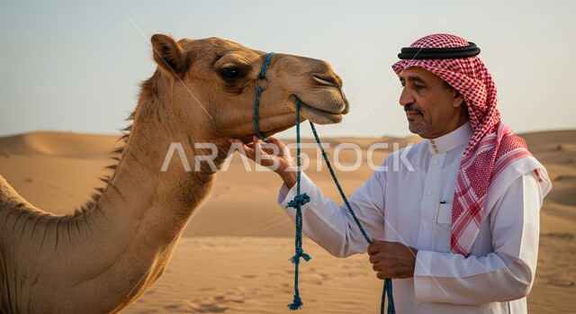 تربية ورعاية الابل في محمية طبيعية، الكثبان الرملية في صحراء المملكة العربية السعودية، صورة مقربة لرجل عربي خليجي سعودي يرتدي الشماغ والثوب التقليدي يقوم بمداعبة الجمل بتعابير السرور والسعادة