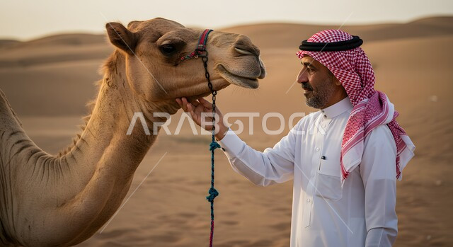 الكثبان الرملية في صحراء المملكة العربية السعودية، تربية ورعاية الابل في محمية طبيعية، صورة مقربة لرجل عربي خليجي سعودي يرتدي الشماغ والثوب التقليدي يقوم بمداعبة الجمل بتعابير السرور والسعادة