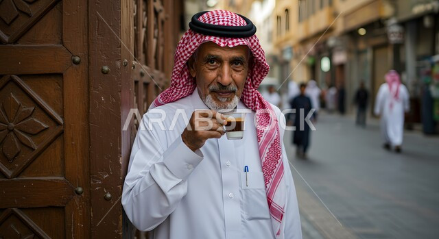 الاستمتاع بالمشروبات الساخنة، الوقوف في حارة شعبية تراثية، العادات والتقاليد السعودية الأصيلة, صورة مقربة لرجل كبير بالسن عربي خليجي سعودي يرتدي الشماغ والثوب التقليدي يحمل بيده فنجان القهوة العربية