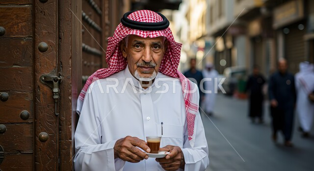  العادات والتقاليد السعودية الأصيلة, صورة مقربة لرجل كبير بالسن عربي خليجي سعودي يرتدي الشماغ والثوب التقليدي يحمل بيده فنجان القهوة العربية، الاستمتاع بالمشروبات الساخنة، الوقوف في حارة شعبية تراثية