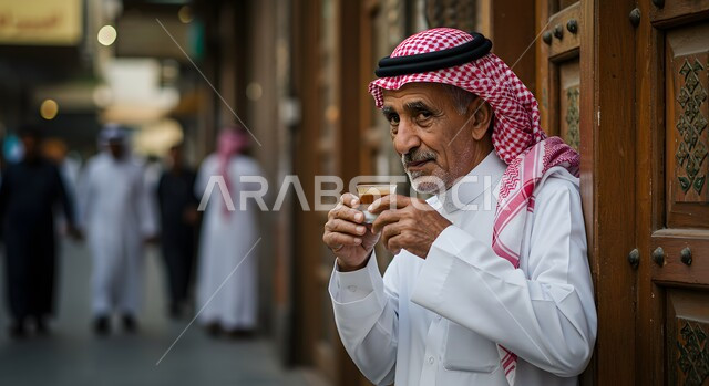  الاستمتاع بالمشروبات الساخنة، الوقوف في حارة شعبية تراثية، العادات والتقاليد السعودية الأصيلة, صورة مقربة لرجل كبير بالسن عربي خليجي سعودي يرتدي الشماغ والثوب التقليدي يحمل بيده فنجان القهوة العربية