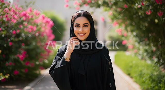 نزهه في الهواء الطلق, الاهتمام بالأناقة والمظهر الخارجي، الاستمتاع في الحدائق الطبيعية الخضراء, صورة مقربة لإمرأه عربية خليجية سعودية مبتسمة ترتدي الحجاب والعباءة السوداء تنظر إلى الكاميرا بتعابير السرور والأنوثة, خلفية الطبيعة