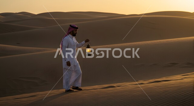 الهضاب والتلال الرملية، التجول والمشي فوق الرمال الذهبية الناعمة، رجل عربي خليجي سعودي يرتدي الثوب التقليدي والشماغ يحمل بيده مصباح مضيء يقف في الصحراء، المناطق الطبيعية الصحراوية في المملكة العربية السعودية، اساليب الانارة القديمة في البادية