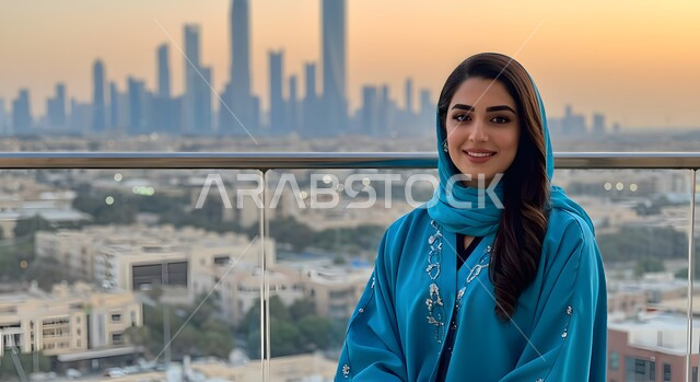 مفهوم الأنوثة والنعومة، الاهتمام بالأناقة والمظهر الخارجي، صورة مقربة لإمرأة عربية خليجية سعودية مبتسمة ترتدي الحجاب والعباءة الزرقاء المطرزة تنظر الى الكاميرا بتعابير السرور والسعادة، الاستمتاع في الهواء الطلق، خلفية الأبراج وناطحات السحاب
