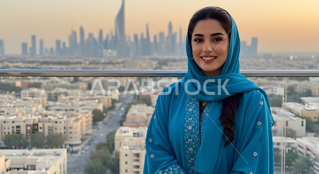 الاهتمام بالأناقة والمظهر الخارجي، مفهوم الأنوثة والنعومة، صورة مقربة لإمرأة عربية خليجية سعودية مبتسمة ترتدي الحجاب والعباءة الزرقاء المطرزة تنظر الى الكاميرا بتعابير السرور والسعادة، الاستمتاع في الهواء الطلق، خلفية الأبراج وناطحات السحاب