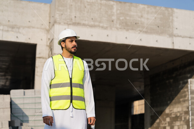The concept of engineering and construction project management, studying the plan and the project on the ground, a youth engineering profession and job, an Arab Gulf Emirati engineer wearing a kandura, jacket and protective helmet, working in the engineering sector in the United Arab Emirates, supervising construction operations.
