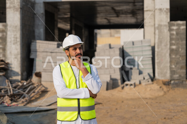 الوقوف بتعابير التفكير وشرود الذهن، مراقبة أعمال البناء وصب الخرسانات ووضع الأساسات الأولية، مهنة ووظيفة هندسية شبابية، مهندس عربي خليجي اماراتي يرتدي الكندورة والسترة والخوذة يقوم بالاشراف على مبنى قيد الإنشاء والتشييد، مفهوم الهندسة الانشائية والمعمارية