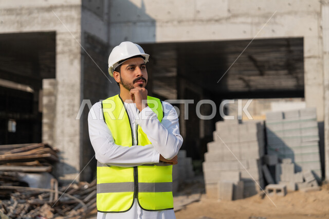 الوقوف بتعابير التفكير وشرود الذهن، مراقبة أعمال البناء وصب الخرسانات ووضع الأساسات الأولية، مهنة ووظيفة هندسية شبابية، مهندس عربي خليجي اماراتي يرتدي الكندورة والسترة والخوذة يقوم بالاشراف على مبنى قيد الإنشاء والتشييد، مفهوم الهندسة الانشائية والمعمارية