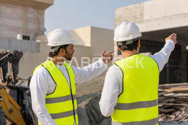 The concept of engineering and construction project management, studying the plan and the project on the ground, a youth engineering profession and job, two Arab Gulf Emirati engineers wearing kanduras, jackets and protective helmets working in the engineering sector in the Emirates, monitoring and following up on construction operations.